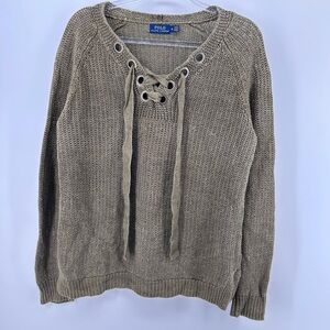 Polo Ralph Lauren Green Open Knit 100% Linen Tie Detail Pullover Sweater Medium